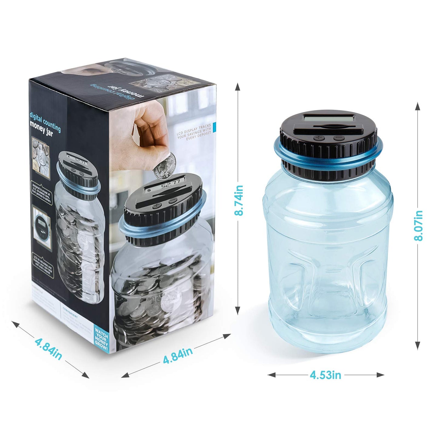 Large Piggy Bank for Boys Adults, Vcertcpl Digital Coin Counting Bank with LCD Counter, 1.8L Capacity Coin Bank Money Jar for Adults, Designed for All US Coins (Blue2)