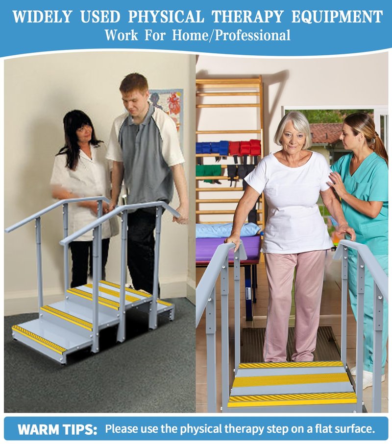 Up & Down Physical Therapy Step, Iron Alloy Therapy Stairs with Adjustable Handrails, Non-Slip Therapy Equipment for Home/Professional Rehabilitation Exercises(600LBs Capacity, Two Height Options)