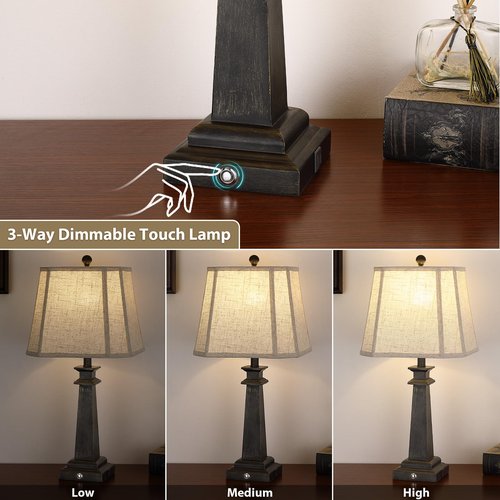 Hapcrea 27.5" Table Lamp for Bedroom, 3-Way Dimmable Touch Lamp for Nightstand, Farmhouse Table Lamp for Living Room with USB A+C Charging Ports, Bulb Included (Black)