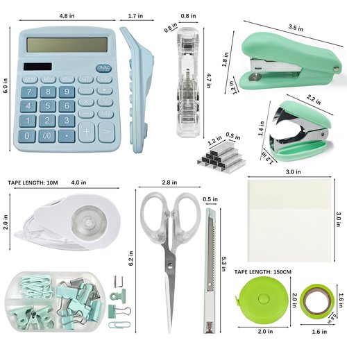 Ohmywor Office Supplies Set, Desk Accessories Includes Stapler Staples, Correction Tape, Calculator, Paper Clip, Transparent Note, Scissors, Tape Measure for Office School Clerk Student