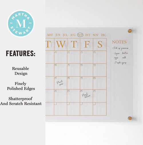 Martha Stewart Grayson Acrylic Wall Calendar with Notes with Dry Erase Marker and Mounting Hardware, 24" x 18", w/Black Print