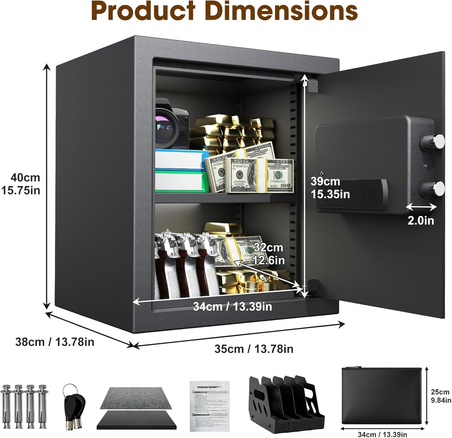<1.6 cu.ft.>Goldenkey Digital Safe with Electronic Keypad, Document Safe with Removable Shelf, Personal Safes Box Perfect for Guns, Laptop for Home, Office, Hotel, 11.81"D x 14.96"W x 11.81"H