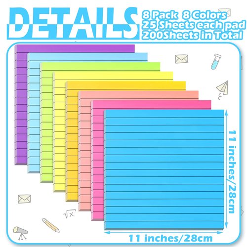 Qeeenar 8 Pads Big Sticky Notes 11 x 11 Inch Lined Jumbo Large Sticky Notes for Wall,Giant Strong Power Memo Square Post for Office, 25 Sheets/Pad(Bright Color)