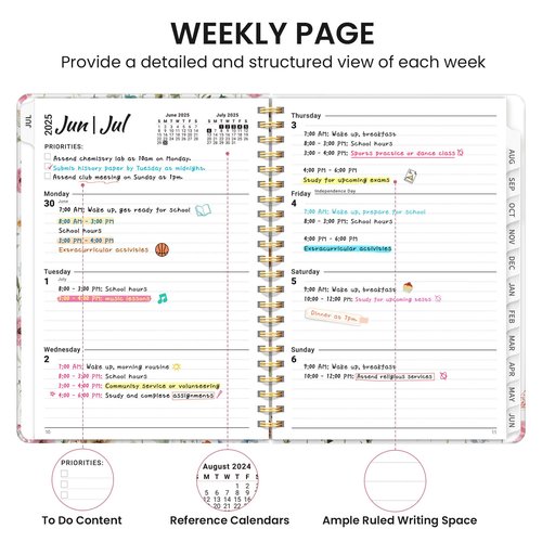 Planner 2025-2026, Academic Year Monthly and Weekly Calendar Planner, Jul 2025 - Jun 2026, Hardcover Teacher Student Planning Agenda book with Tabs, Perfect for School Office Supplies , 6.3" x 8.5" - Wildflower