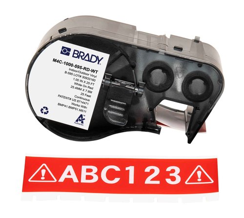Brady Authentic (M4C-1000-595-RD-WT) All-Weather Permanent Adhesive Vinyl Labels 1 in W x 25ft White on Red. for use with BMP41, BMP51, M410, M510, and M511 Label Printers.