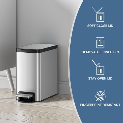 Bscann Bathroom Trash Can with Lid Soft Close, Stainless Steel Garbage Can with Removable Inner Bucket,Step Trash Can for Bathroom,Bedroom,Office(6 Liter / 1.6 Gallon)