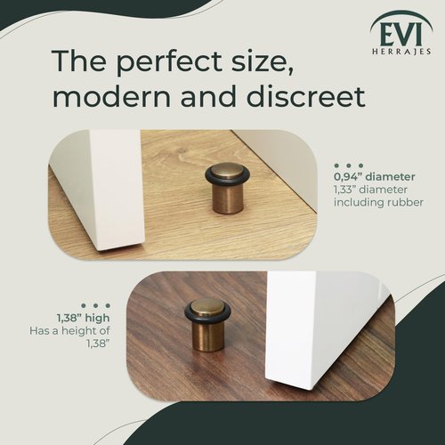 EVI Hardware | Door Stop | Threaded Base | Natural Silicone Rubber | Brass | Includes Screw + Fixing Plug | Mod. I-108 (Leather Brass - Black Rubber, 0,94x1,38¨)