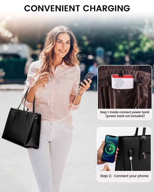 LOVEVOOK Laptop Tote Bag for Women, Large Briefcase for 15.6 Inch Computer Waterproof PU Leather Shoulder Bag with USB Charging Port, Business Office Work Shoulder Handbag Purse 2Pcs Set, Black