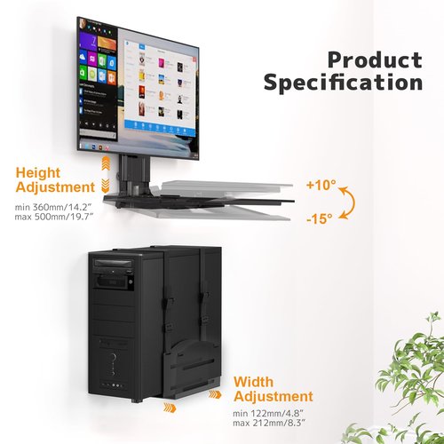 Monitor and Keyboard Wall Mount with CPU Holder for 32" Monitors (55 lbs Max), Keyboard Tray (4.4 lbs Load) & CPU Holder (22 lbs Capacity) - Height Adjustable, with Mouse Pad, VESA75/100