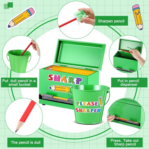 Yaocom Stainless Steel Pencil Dispenser Pen Holder Pencil Bucket with 2 Stickers Small Metal Bucket with Handle for Bulk Pencils Storage Supplies(Green)