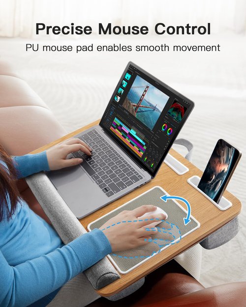 HUANUO Lap Desk - Fits up to 17 inches Laptop Desk, Built in Mouse Pad & Wrist Pad for Notebook, Laptop, Tablet, Lap Stand with Tablet, Pen & Phone Holder (Wood Grain)