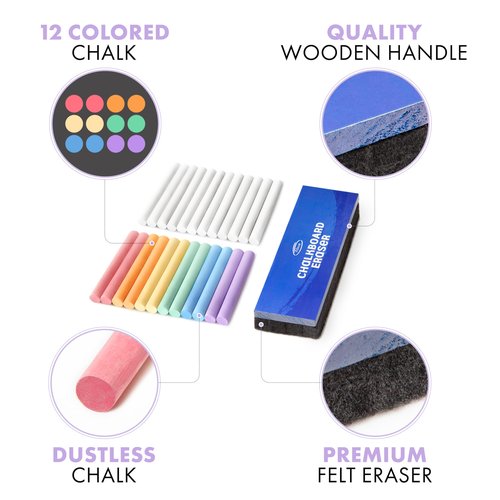Alitte Dustless Chalkboard Chalk - Set of 12 Colored & 12 White Chalk Sticks - Sketching, Drawing, Writing Supplies for Classroom, Home Schooling, Cafe Menu, Sidewalk Art