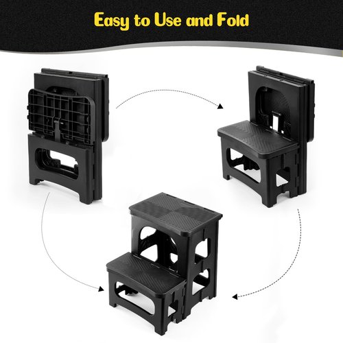 Ligebul 2-Step Stool Foldable, Plastic Steps Stool Folding Step Ladder Two Stepstools Collapsible Step Stools for Adults for Kitchen Home Bathroom RV, Pool Ladder Above Ground-Black