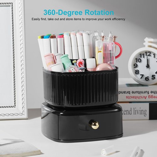 Lolocor Desk Pencil Pen Holder with Drawer, 5 Slots 360 Degree Rotating Pencil Pen Organizers Desk Organizers for Office Accessories Shool Supply Black