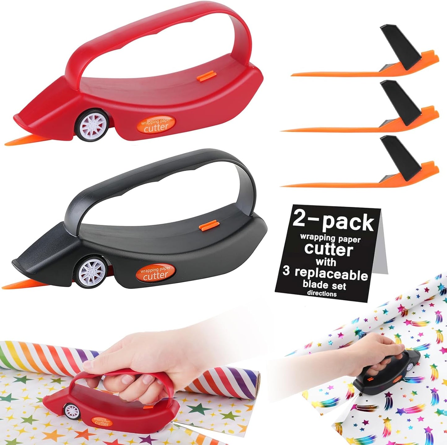 LIZAAL 2-Pack Wrapping Paper Cutter with 3 Replaceable Blades | New Gift Wrap Cutter with Wheels | Birthday and Christmas Wrapping Paper Cutter Slider for Home, Office or Classroom (Black & Green)