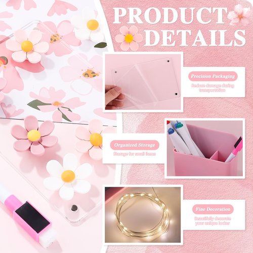 15 Pcs Locker Accessories Kit Pink Flower Magnetic Wallpaper Magnetic Mirror Whiteboard Pen Holder Magnet Hook Locker Rug Marker Pen String Light for Girls Back to School Essentials Locker Decorations