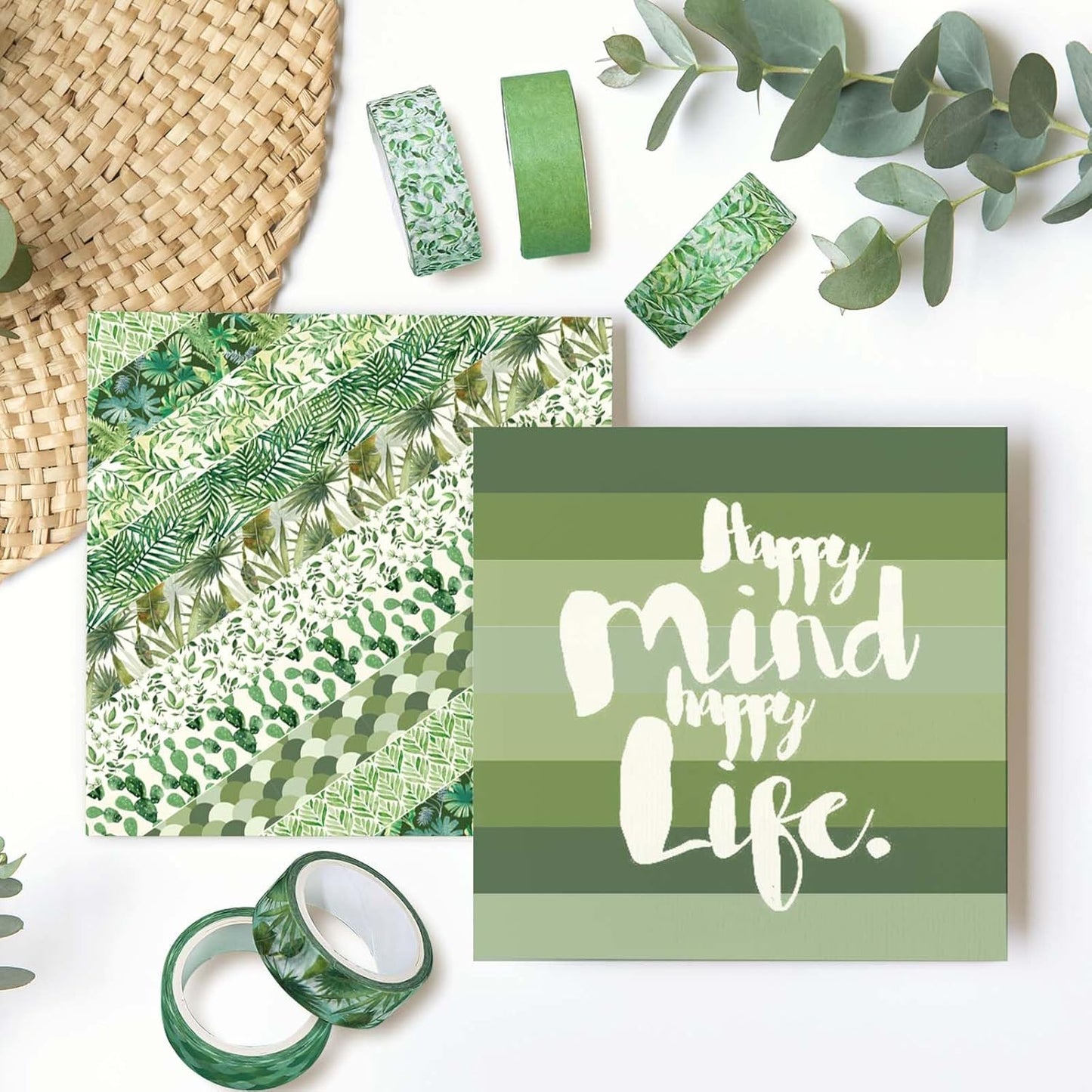 Whaline Washi Tape Set - 12 Rolls of Green Leaves & Assorted Plant Designs for Scrapbooking & DIY Crafts