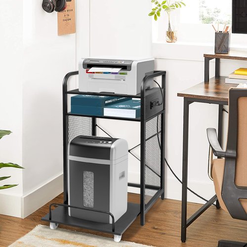 3-Tier Printer and Shredder Stand with Pull Out Shelf, 20" L x 14" W x 34" H Floor-Standing Printer Shredder Stand with Power Outlet, Printer Stand with Shredder Storage, Office Storage Rack