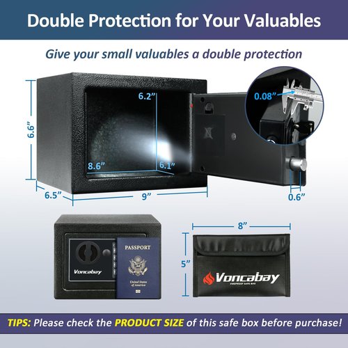 Voncabay Money Safe Box for Home with Sensor Light & Fireproof Money Bag - 0.23 Cubic Feet Security Safe Box with Digital Keypad, Keys & Pass Code Lock Black