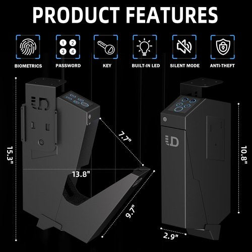 Urban Deco Gun Safe for Handgun Drop Down,Quick Access Pistol Safe Mounted Single Biometric Safes For Nightstand, Desk, Bedside,Vehicle Handgun Safe Auto Open - With Fingerprint, Pin Code, Key Access
