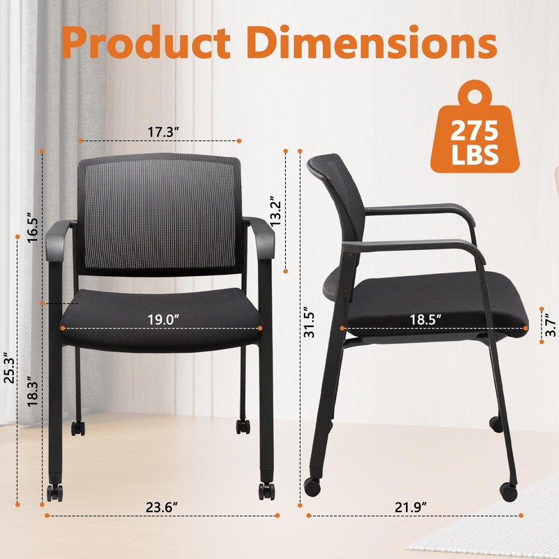 CLATINA Black Waiting Room Chair with Wheels Mesh Back Stacking Arm Chairs with Upholstered Fabric Seat and Ergonomic Lumbar Support for Office School Church Guest Reception