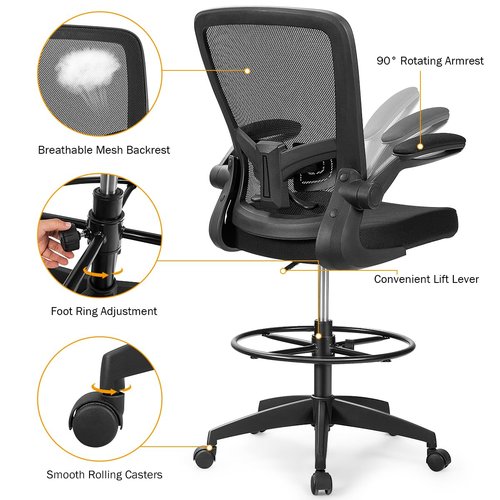 Giantex Drafting Chair, Ergonomic Tall Office Chair with Adjustable Lumbar Support & Footrest Ring, Executive Computer Standing Desk Chair with Flip-up Armrests, High Back Office Rolling Stool, Black