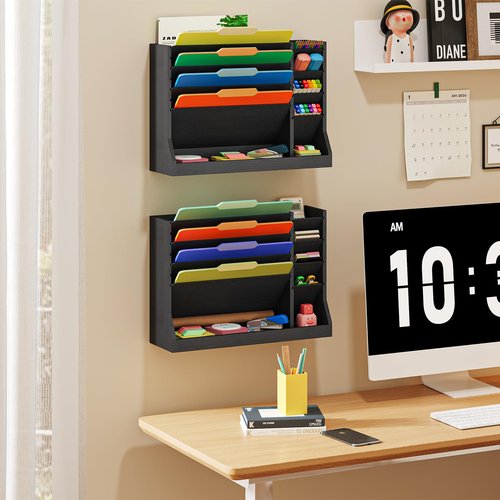 Dmticoasis 4-Tier Wall File Organizer with Pencil Holder & Bottom Tray – Hanging Mail Holder for Office, Countertop/Desk Storage for Home Office Supplies, Black
