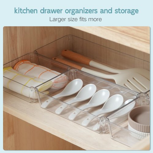 JOLLYIN 6 Pack Large Clear Plastic Drawer Organizer Trays, Desk Drawer Organizers and Storage Dividers, Non-Slip Storage Bins for Jewelry, Snacks, Office, Bathroom, Bedroom and Kitchen