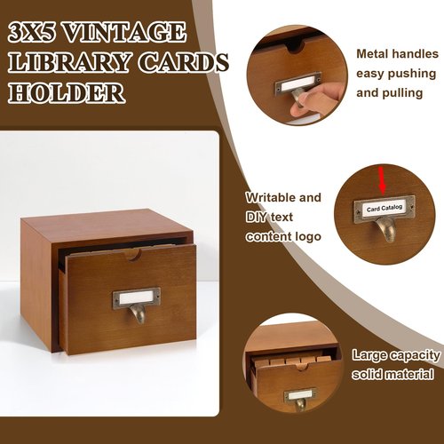 DLUGOPIS 3x5 Index Cards Holder Wood Index Card Organizer Box Flash Card Holder Recipe Cards Holder with Drawer 30 Pcs Vintage Library Cards 5 Kraft Dividers For Gifts Cards Home Office