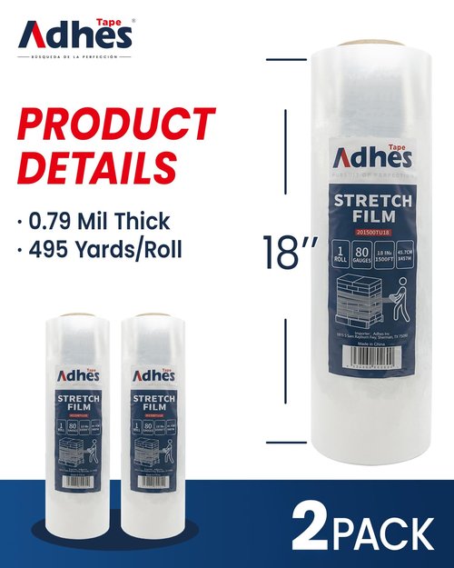 ADHES Heavy Duty Shrink Wrap Roll, 18 Inch x 1500 Feet, 2-Pack Stretch Wrap Stretch Film, 80 Gauge Industrial Strength Plastic Moving Rrap for Pallet Wrap, Furniture Wrapping Moving & Protection