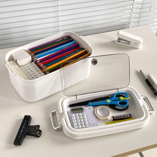 NINEWEEN 2 Pack Plastic Pencil Box with Lid, Plastic Large Home Office Supplies Storage Container for Desk, Marker Pen, Cards, Medicine, Crayons, School Stationery, White Art and Crafts Organizer