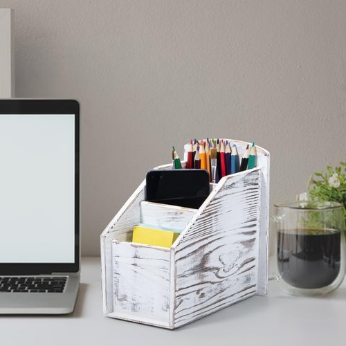 Useekoo Wooden Desk Organizer with 3 Compartments, Vintage Wood Remote Control Holder for Mobile Phone and office supplies, Rustic Farmhouse Caddy, Living Room, Bedroom,Vintage White, 6.5"x4.5"x7"