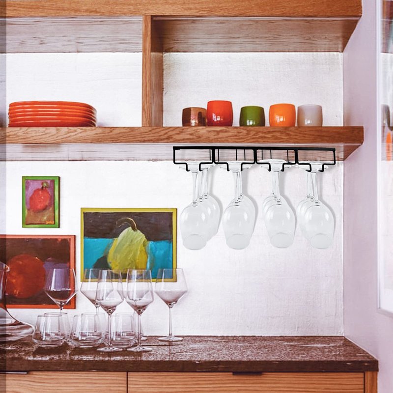 Wtiujhg Wine Glass Rack, Under Cabinet Stemware Rack Wine Glass Holder, 4 Rows Black Metal Wine Glass Storage Hanger Under Shelf for Cabinet Kitchen Bar