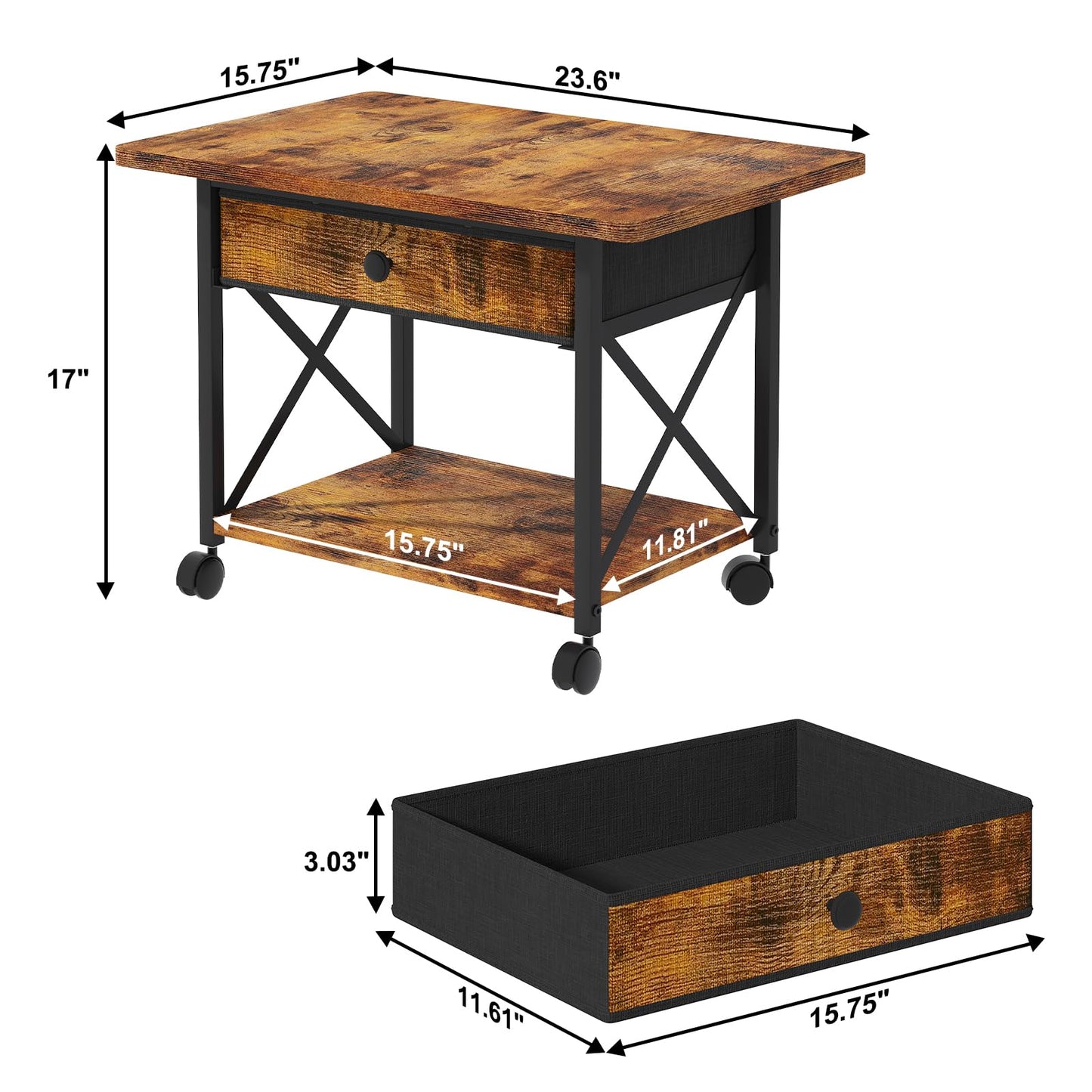 EasyCom 23.6" x 15.7" Under Desk Printer Stand with Storage Drawer, 2-Tier Shelf Desktop Printer Table for Desk with Wheels, Large Rolling Cart for Home Office Fits 3D Printer Scanner Rustic Brown