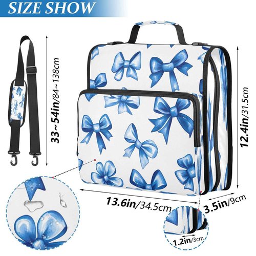 Zhirexin Blue Bow 3 Ring Binder,500 Sheets Capacity Zipper Binder Organizer with Shoulder Strap & Handle