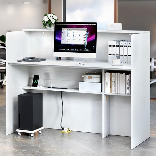 TC-HOMENY Reception Desk with LED Lights, 55'' Retail Counter Modern with Storage Shelves and Cable Grommet, Front Table, Salon Desk, Office Table,White