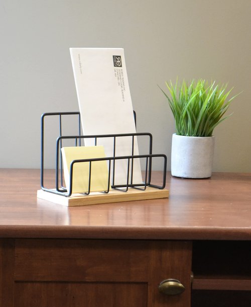 AQ Letter/Mail Sorter, Home/Office Desk Organizer, Two Slots for Holding Papers, Files, Documents, Letters, etc, Wire & Wood Design - Matte Black & Bamboo