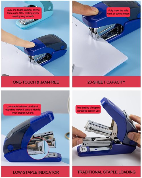 PAPERPAL Effortless Mini Stapler Set, 20 Sheet Capacity, Integrated Remover & Staple Storage, Holds 1/4" Staples, Includes 1000 Staples, Lightweight, Office, School & Daily Use, Dark Blue