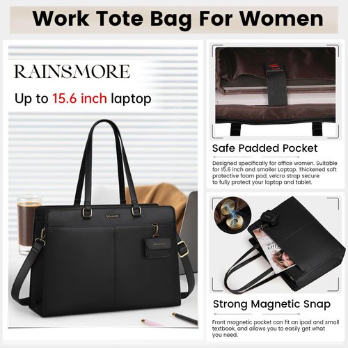 RAINSMORE Laptop Bag for Women 15.6 Inch Work Tote Bags Waterproof Leather Laptop Tote Professional Business Office Briefcase Large Computer Laptop Bag Handbag Shoulder Work Bags