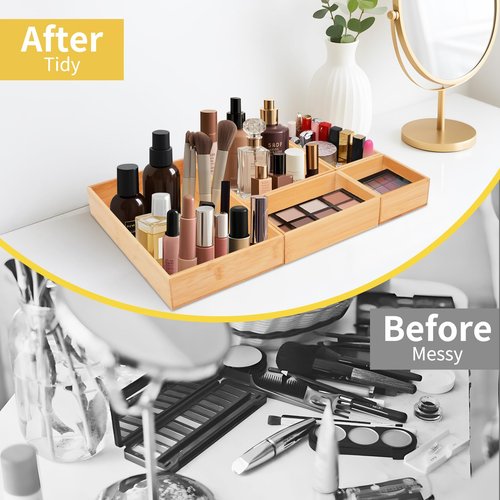 IUMLXJO 5PCS Bamboo Drawer Organizer with Adjustable Wood 2 Drawer Dividers, Stackable Makeup Desk Junk Storage Boxes Container Trays with 7 Grid for Kitchen Utensils,Bathroom, Office
