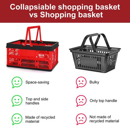 Plastic Storage Crate, Collapsible Crate for Storage Stacking Folding Storage Basket, Collapsible Shopping Basket,Car Storage Basket, Milk Crate with Handles for Kitchen, Bathroom, 20L (Red)