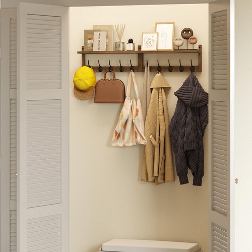 AMBIRD 34.2 inch Wooden Extra-Long Wall Hook Rack with Shelf - Versatile and Decorative Wall-Mounted Storage - 10 Hooks for Hanging Coats, Hats, Scarves - Ideal for Entryways, Bedrooms, Closets