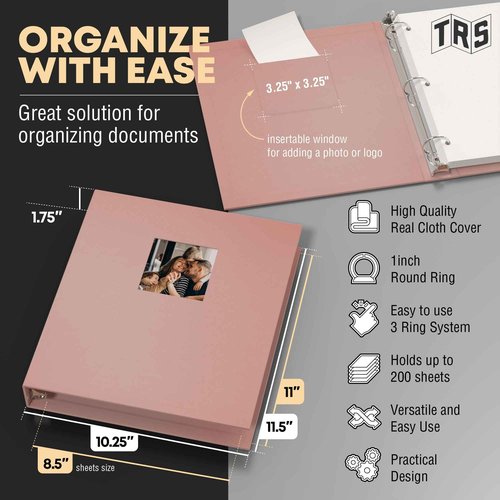 Customizable 1-Inch 3-Ring Binder with Linen Cover & Insertable Window – Ideal for Photos, Portfolios, Recipes, and Presentations – Durable, Eco-Friendly – Made in The USA (Pink)