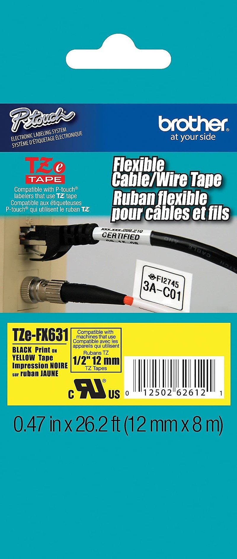 Brother Laminated Flexible ID Black on Yellow 1/2 Inch Tape - Retail Packaging (TZeFX631) - Retail Packaging