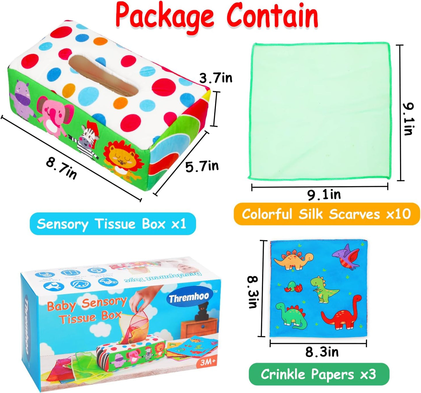 Thremhoo Montessori Tissue Box Baby Toy - Sensory Crinkle Developmental Gift for Infants & Toddlers