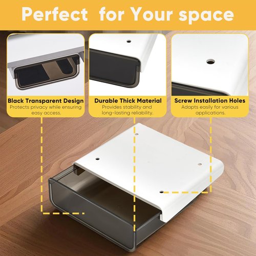 OrgaFocus 2 Pack Under Desk Drawer Slide Pull Out Plastic Organizer, Attachable Clear Black Acrylic Self Adhesive Mount Hidden Storage for Office & Home, Kitchen, Cabinet, Table, Counter, Space Saving