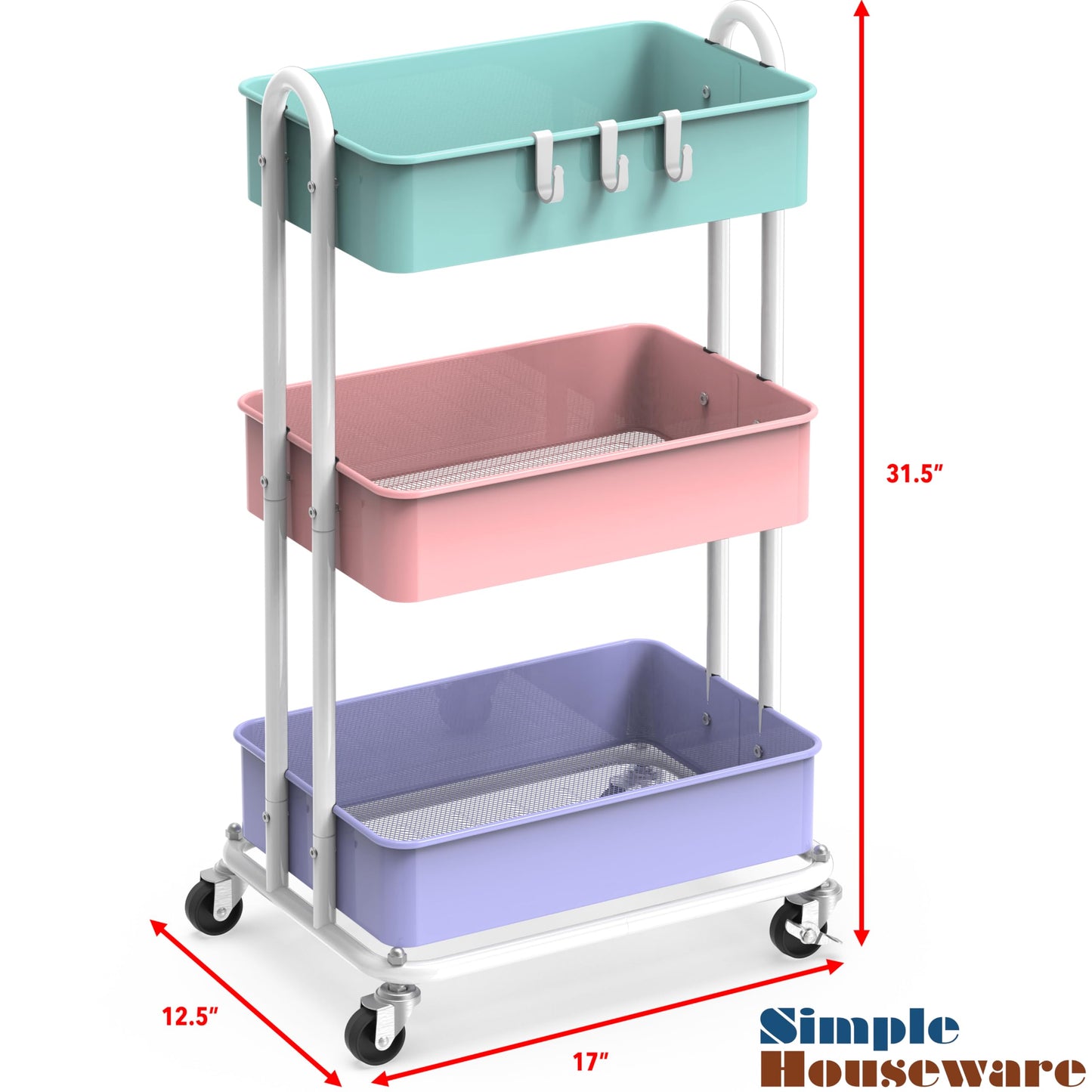 Simple Houseware 3-Tier Heavy Duty Metal Utility Rolling Cart, Multicolor
