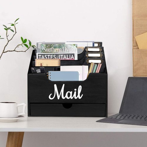 Gumihue Mail Holder with 4 Large Compartments and Drawer, Wood Mail Holder Sorter Holder,Countertop Desk Office Accessories for File Letter Paper Folder, Drawer Storage