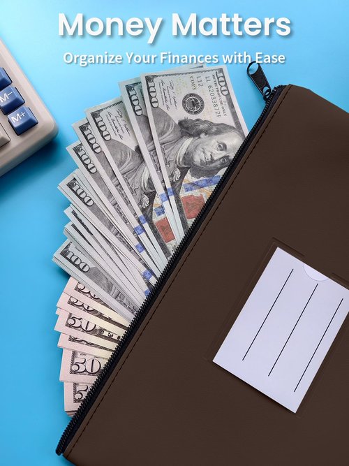 10-Pack Money Bags with Zipper, PU Leather Cash Pouches with Label, 11 x 6 Inches, Bank Deposit Bag for Coins, Bills, Checks, Invoices, Cosmetics, Tools, 10 colors