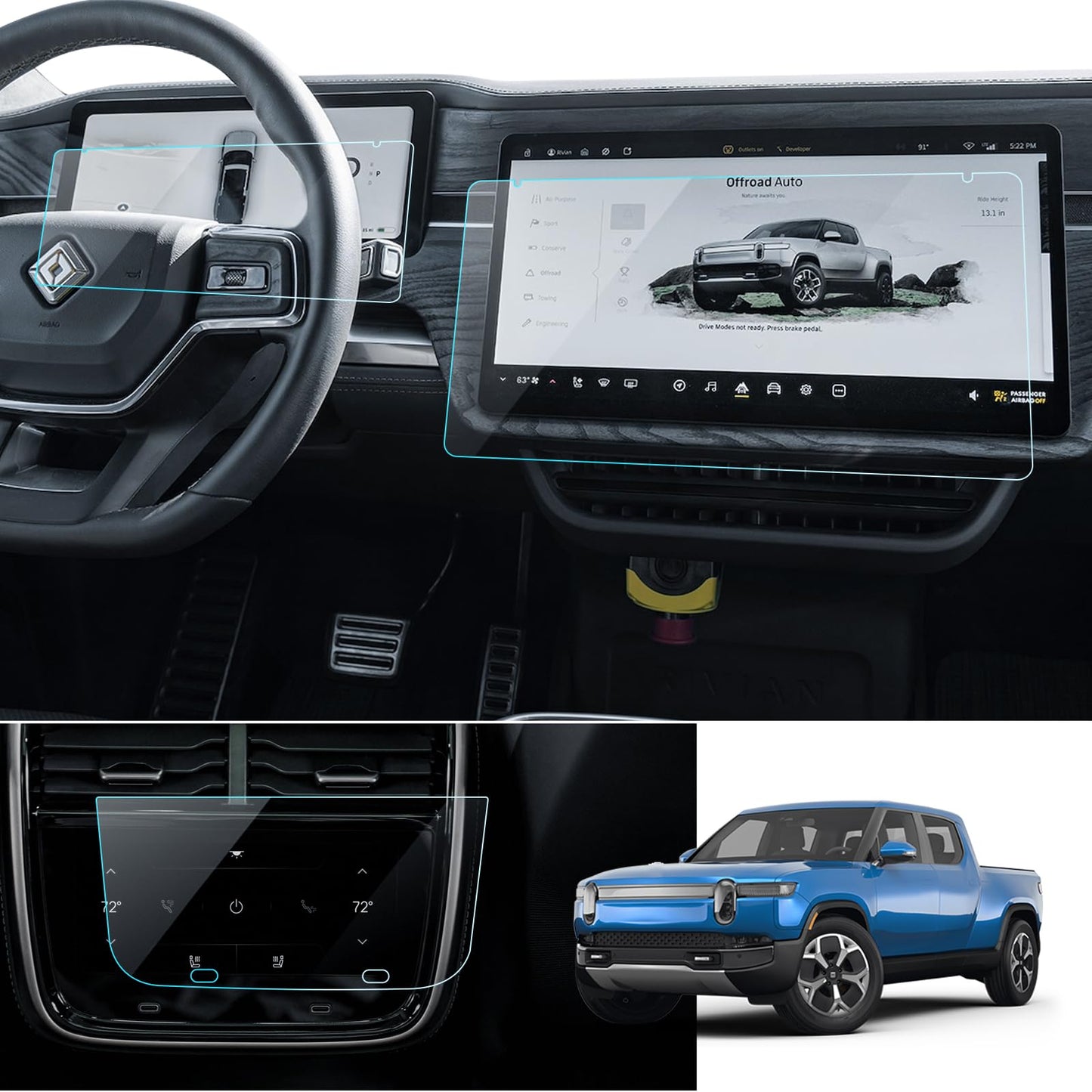 LANTU 2026 Rivian Matte Screen Protector for 2022-2025 2026 Rivian R1T / R1S Accessories Tempered Glass Anti-Glare Infotainment Screen & Instrument Cluster Screen & Rear Screen-3 Pack
